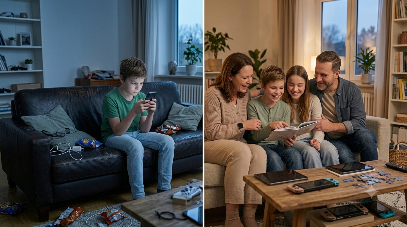 Junge spielt allein mit Handy, während Familie gemeinsam auf dem Sofa ein Buch liest und lacht.